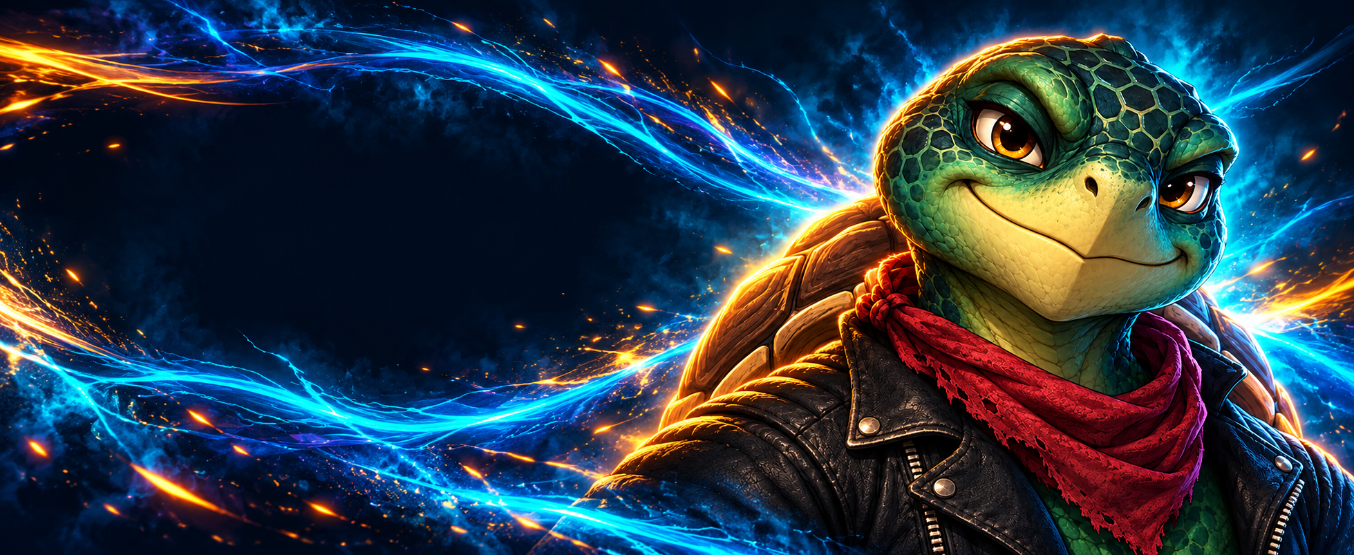 Green turtle mascot in a black leather jacket, surrounded by vivid electric blue and orange energy